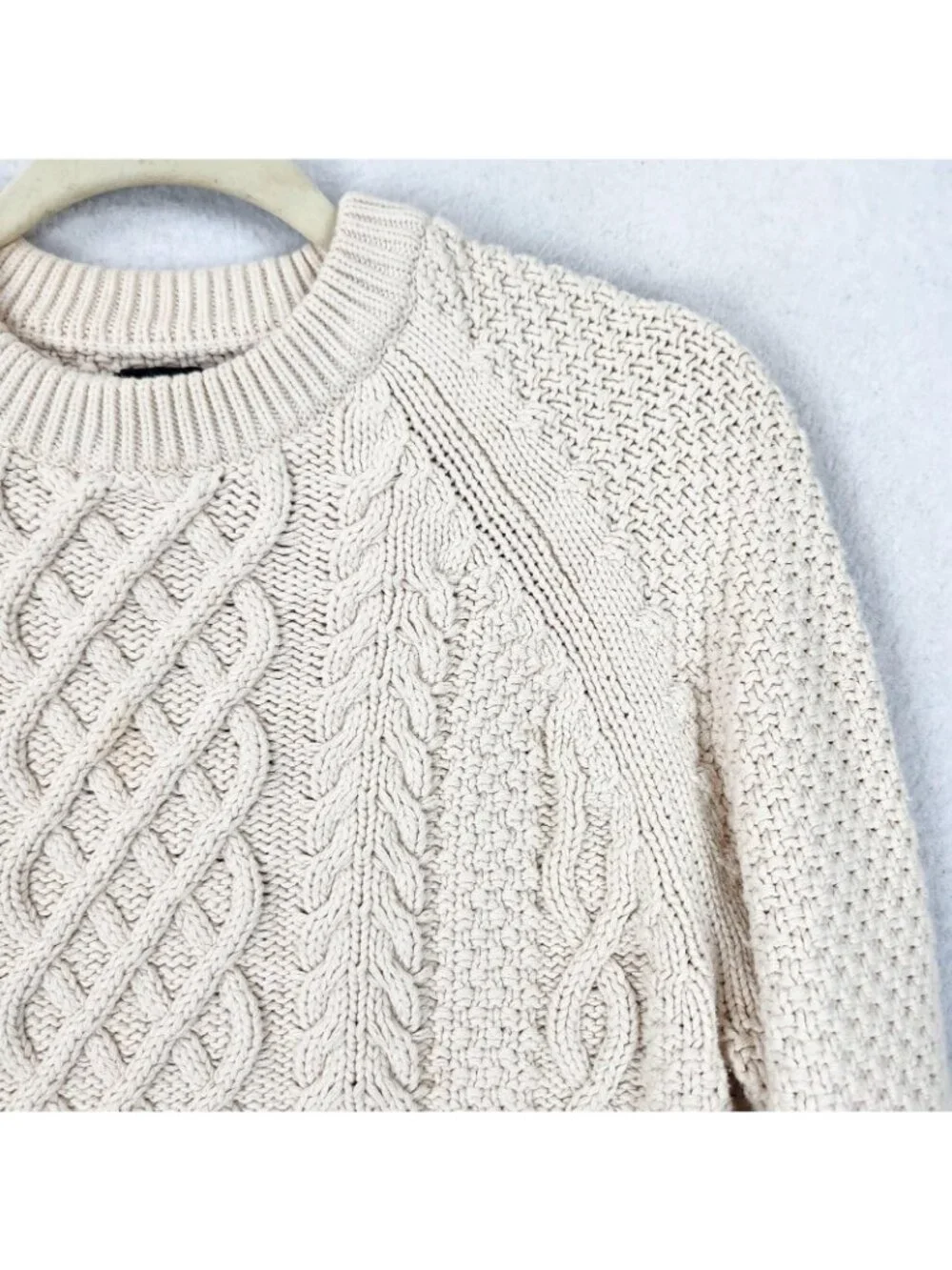 J Crew Sweater Mens Medium Cream Heritage Cotton Cable Knit Crew Neck Fisherman